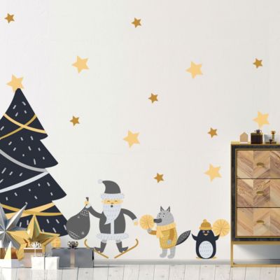 Stickers Noël scandinave sous les étoiles - Autocollants stickers adhésifs noël - décoration fêtes - 75x50cm