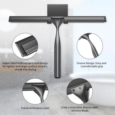 Raclette De Douche Silicone Noir 28 Cm Avec Crochet Et Ventouse - Pour Vitres Et Surfaces Lisses, Sans Perçage