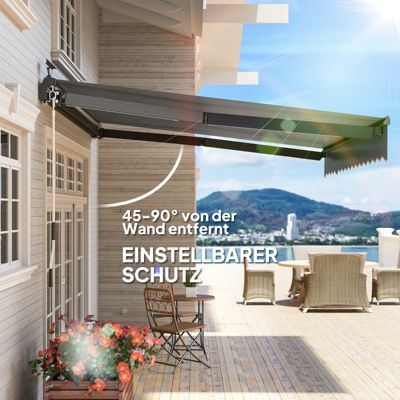 Store banne 395x300 cm en aluminium gris avec éclairage LED solaire
