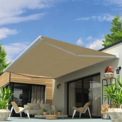 Store banne coffre intégral CELESTE 4,00x3,00 M (Motorisé Secours à Télécommande - Armature blanc - Toile écrue)