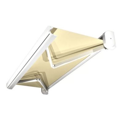 Store banne coffre intégral CELESTE 4,00x3,00 M (Motorisé Secours à Télécommande - Armature blanc - Toile écrue)
