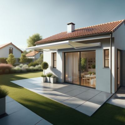 Store banne coffre intégral CELESTE 4,00x3,00 M (Motorisé Secours à Télécommande - Armature blanc - Toile écrue)