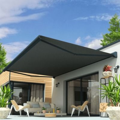 Store banne coffre intégral CELESTE 4,00x3,00 M (Motorisé Secours à Télécommande - Armature gris anthracite - Toile grise)