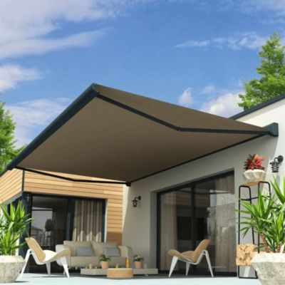 Store banne coffre intégral CELESTE 4,00x3,00 M (Motorisé Secours à Télécommande - Armature gris anthracite - Toile taupe)