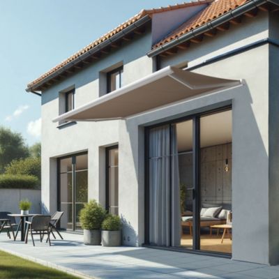 Store banne coffre intégral CINABRE 2,50x1,50 M (Manuel - Armature blanc - Toile taupe)