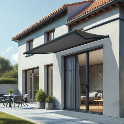 Store banne coffre intégral CINABRE 2,50x1,50 M (Manuel - Armature gris anthracite - Toile grise)