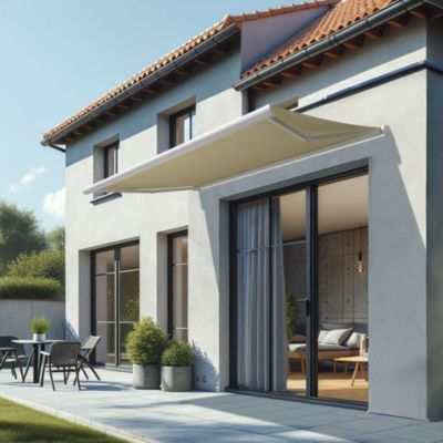 Store banne coffre intégral CINABRE 2,50x1,50 M (Motorisé à Interrupteur - Armature blanc - Toile écrue)