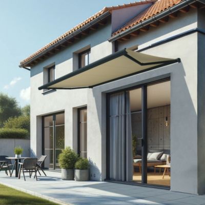 Store banne coffre intégral CINABRE 2,50x1,50 M (Motorisé à Interrupteur - Armature gris anthracite - Toile écrue)