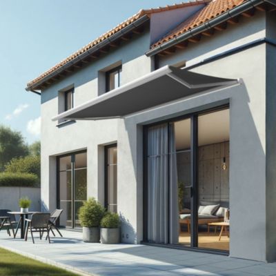 Store banne coffre intégral CINABRE 3,00x2,00 M (Manuel - Armature blanc - Toile grise)