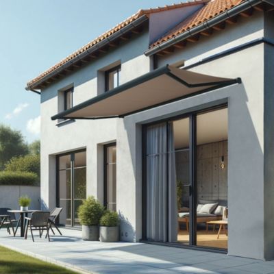 Store banne coffre intégral CINABRE 3,00x2,00 M (Motorisé à Télécommande - Armature gris anthracite - Toile taupe)