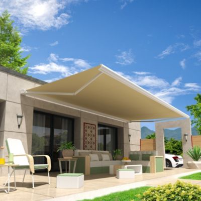 Store banne coffre intégral HEVOA 3,00x2,50 M (Motorisé Secours à Télécommande - Armature blanc - Toile écrue)