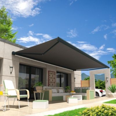 Store banne coffre intégral HEVOA 5,00x3,50 M (Motorisé Secours à Télécommande + LED - Armature gris anthracite - Toile grise)