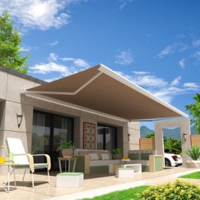 Store banne coffre intégral HEVOA 6,00x3,50 M (Motorisé Secours à Télécommande - Armature blanc - Toile taupe)