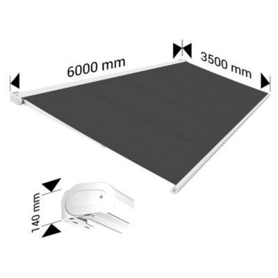 Store banne Coffre intégral PROTECT 2 Blanc 6x3,5m Motorisé à télécommande - Toile Grise Anthracite