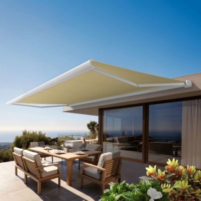 Store banne Coffre intégral PROTECT 2 LED Blanc 4,05x3,50m Motorisé à télécommande + Eclairage LED - Toile Ecrue