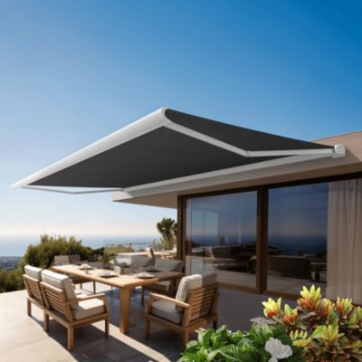 Store banne Coffre intégral PROTECT 2 LED Blanc 6x3,5m Motorisé à télécommande + Eclairage LED - Toile Grise Anthracite