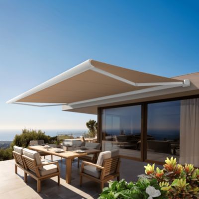 Store banne Coffre intégral PROTECT 2 LED SMART Blanc 5x3,5m Motorisé à télécommande + Capteur Vent + Eclairage LED - Toile Taupe