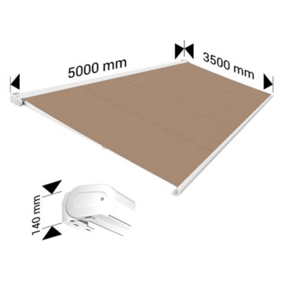 Store banne Coffre intégral PROTECT 2 LED SMART Blanc 5x3,5m Motorisé à télécommande + Capteur Vent + Eclairage LED - Toile Taupe