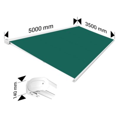 Store banne Coffre intégral PROTECT 2 LED SMART Blanc 5x3,5m Motorisé à télécommande + Capteur Vent + LED - Toile Verte