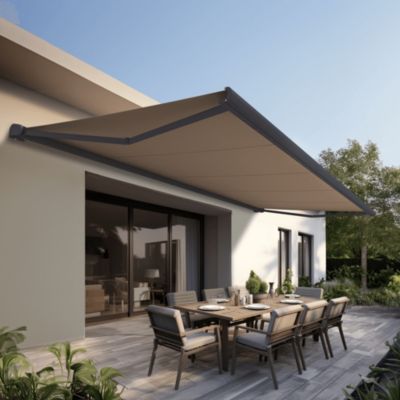 Store banne Coffre intégral PROTECT 2 LED SMART Gris Anthracite 5x3,5m Motorisé à télécommande + Capteur Vent + LED - Toile Taupe