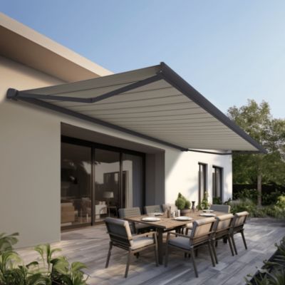 Store banne Coffre intégral PROTECT 2 LED SMART Gris Anthracite 5x3,5m Télécommande + Capteur Vent + LED - Toile Grise Rayée