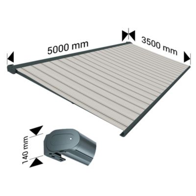 Store banne Coffre intégral PROTECT 2 LED SMART Gris Anthracite 5x3,5m Télécommande + Capteur Vent + LED - Toile Grise Rayée
