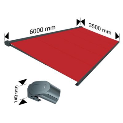 Store banne Coffre intégral PROTECT 2 LED SMART Gris Anthracite 6x3,5m Motorisé à télécommande + Capteur Vent + LED - Toile Rouge