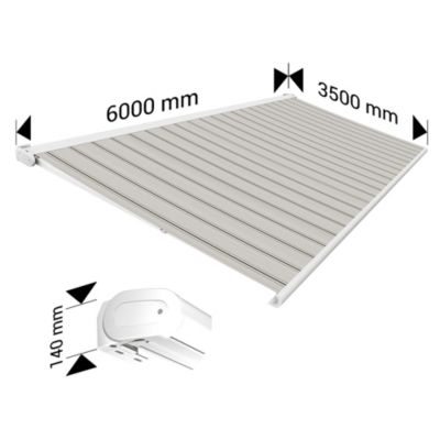 Store banne Coffre intégral PROTECT 2 SMART Blanc 6x3,5m Motorisé à télécommande + Capteur Vent - Toile Grise Rayée