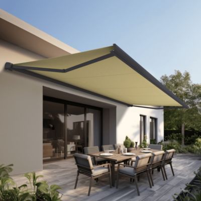 Store banne Coffre intégral PROTECT 2 SMART Gris Anthracite 6x3,5m Motorisé à télécommande + Capteur Vent - Toile Ecrue