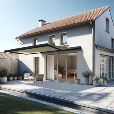 Store banne coffre intégral SOA 3,00x2,50 M (Motorisé Secours à Télécommande - Armature gris anthracite - Toile écrue)