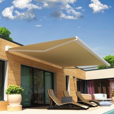 Store banne coffre intégral SOA 3,00x2,50 M (Motorisé Secours à Télécommande + LED - Armature blanc - Toile écrue)