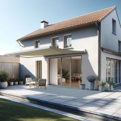 Store banne coffre intégral SOA 4,00x3,00 M (Manuel - Armature blanc - Toile écrue)