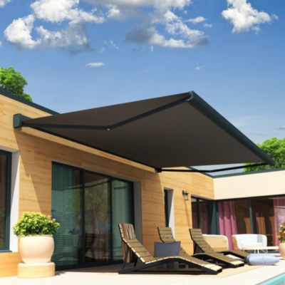 Store banne coffre intégral SOA 4,10x3,50 M (Motorisé Secours à Télécommande + LED - Armature gris anthracite - Toile grise)