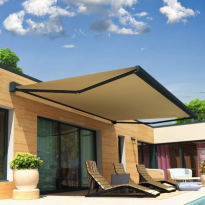 Store banne coffre intégral SOA 5,00x3,50 M (Motorisé Secours à Télécommande + LED - Armature gris anthracite - Toile écrue)