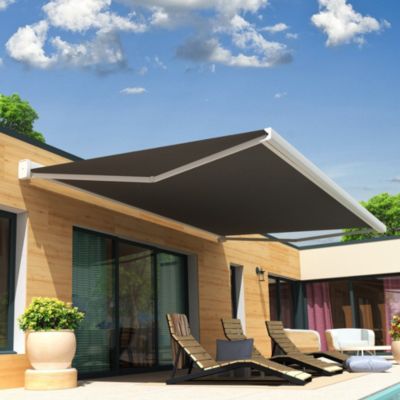 Store banne coffre intégral SOA 6,00x3,50 M (Motorisé Secours à Télécommande + LED - Armature blanc - Toile grise)