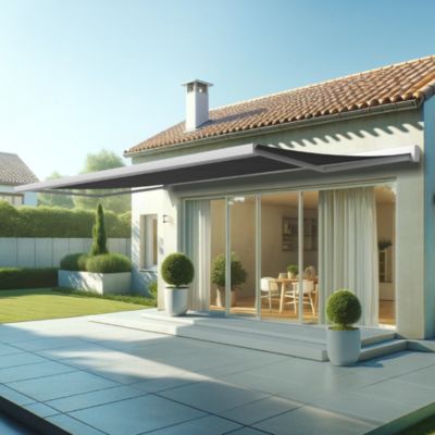 Store banne coffre intégral SOA 6,00x3,50 M (Motorisé Secours à Télécommande + LED - Armature blanc - Toile grise)