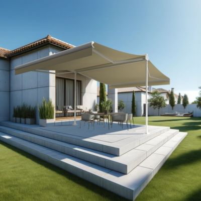 Store banne double pente ENARGITE 3,00x2x2,00 M (Manuel - Armature blanc - Toile écrue)