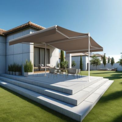 Store banne double pente ENARGITE 3,00x2x2,00 M (Manuel - Armature blanc - Toile taupe)