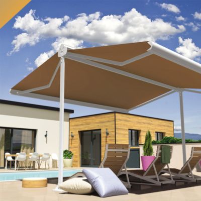 Store banne double pente ENARGITE 3,00x2x2,00 M (Manuel - Armature blanc - Toile taupe)