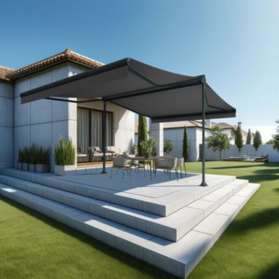 Store banne double pente ENARGITE 3,00x2x2,00 M (Motorisé à Télécommande - Armature gris anthracite - Toile grise)