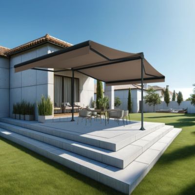 Store banne double pente ENARGITE 4,00x2x3,00 M (Manuel - Armature gris anthracite - Toile taupe)