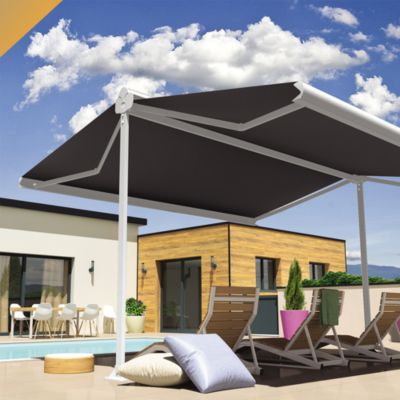 Store banne double pente ENARGITE 5,00x2x3,00 M (Manuel - Armature blanc - Toile grise)