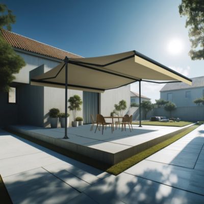 Store banne double pente ENARGITE 5,00x2x3,00 M (Manuel - Armature gris anthracite - Toile écrue)