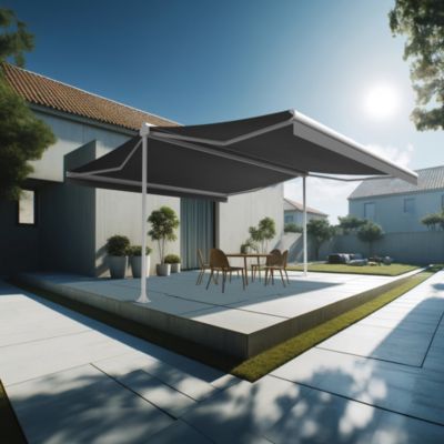 Store banne double pente ENARGITE 6,00x2x3,00 M (Manuel - Armature blanc - Toile grise)