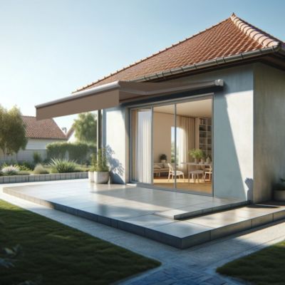 Store banne loggia AMARITE 2,50x1,50 M (Manuel - Armature blanc - Toile taupe)