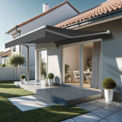 Store banne loggia DIONEA 3,00x2,00 M (Motorisé Secours à Télécommande - Armature blanc - Toile grise)