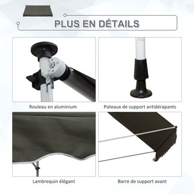 Store banne manuel rétractable 3 x 1,5 m réglable installation rapide métal alu polyester anti-UV