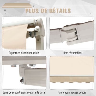 Store banne manuel rétractable alu. polyester imperméabilisé haute densité 4 x 2,5 m beige