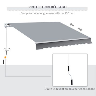 Store banne manuel rétractable alu. polyester imperméabilisé haute densité 4 x 2,5 m gris