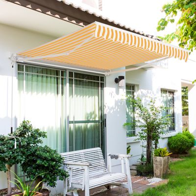 Store banne manuel rétractable aluminium polyester imperméabilisé 3L x 2,5l m orange blanc rayé